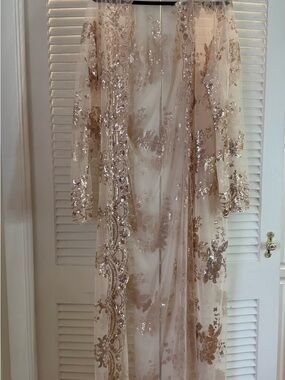 Beaded Sheer Embroidered Long Duster - Blush Gold. Kimono.